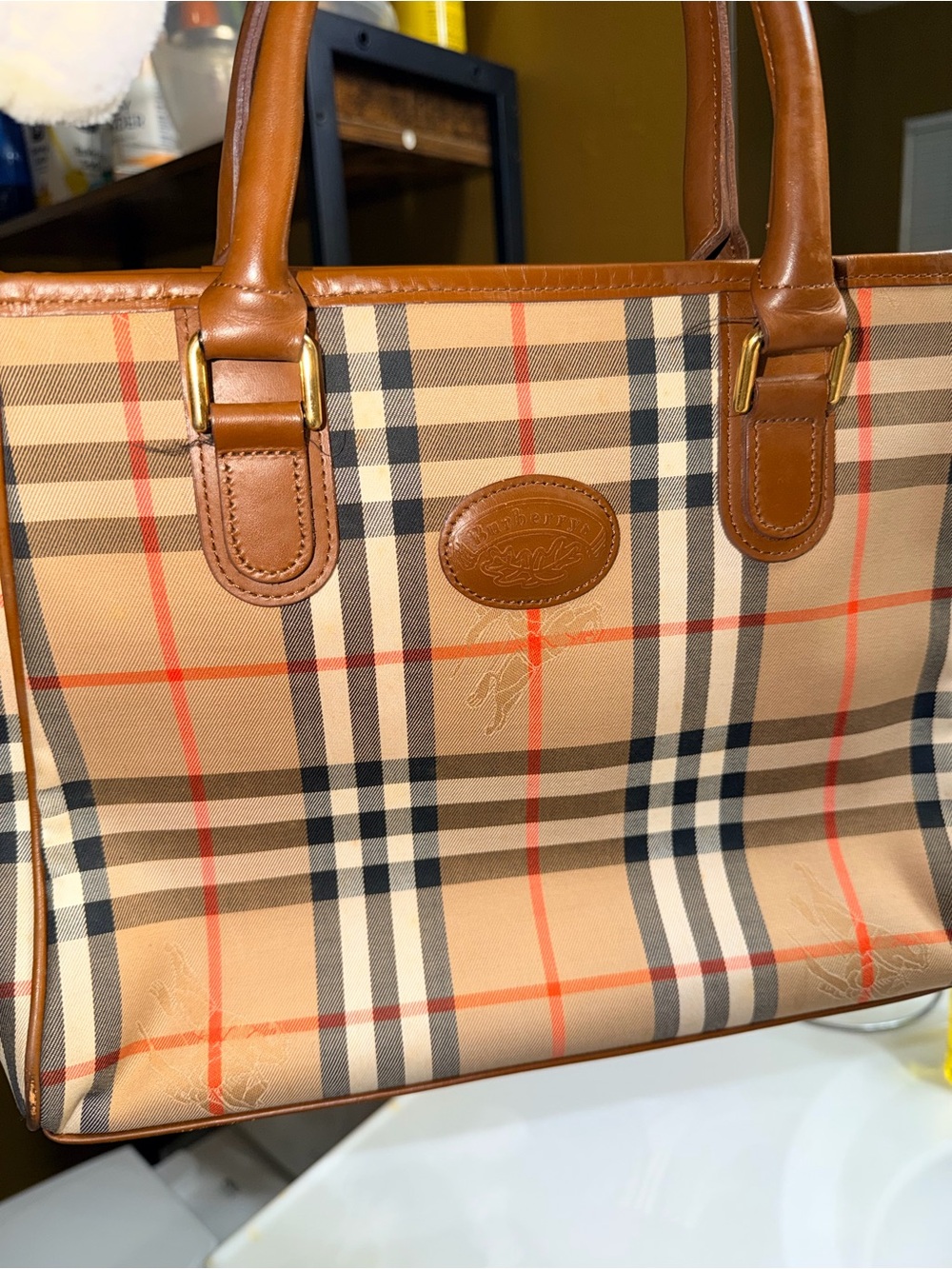 Rare luxe Burberry Tan Check handbag with Brown Leather Trim*authentic*